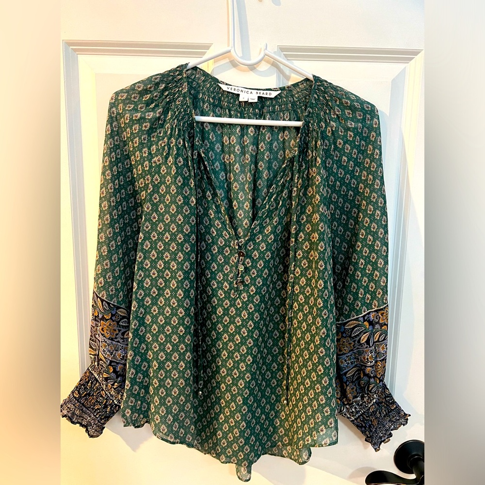 Veronica Beard size 6 sheer bohemian silk top with beaded drawstrings
